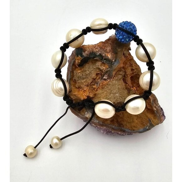 Freshwater 12mm Pearl Shamballa Bracelet Blue Austrian Crystals Adjustable - Picture 5 of 6